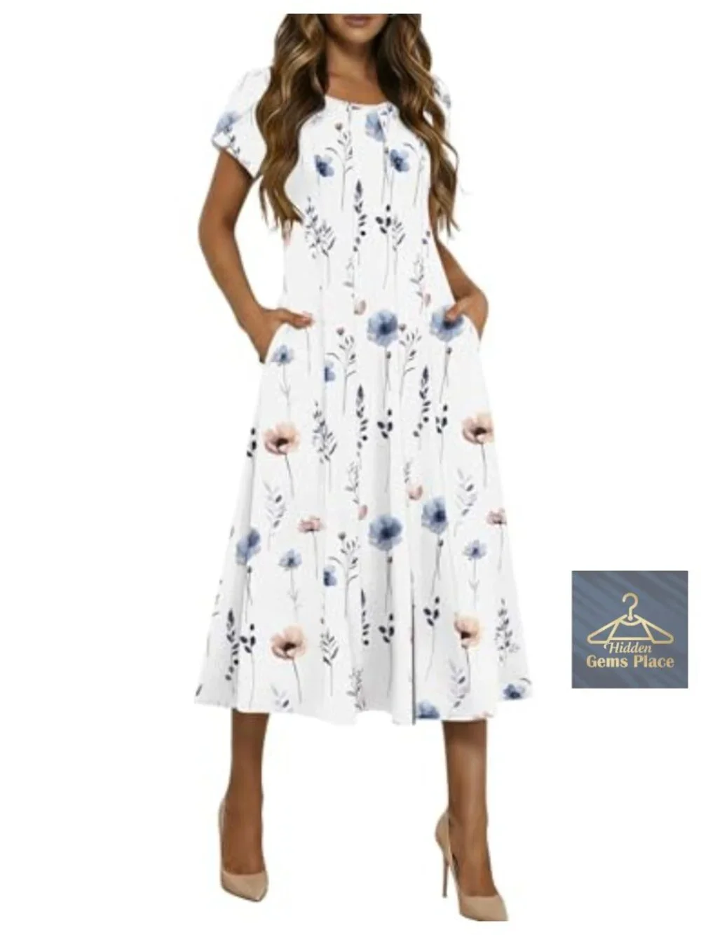 Women's Flowy Midi Sundress Pleated A-Line Casual Dresses with Pockets